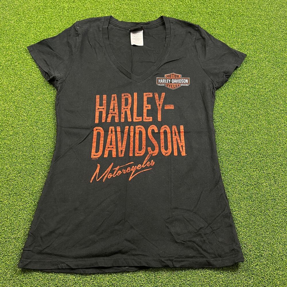 Vintage Harley Davidson Motorcycle Womens Black Graphic V Neck T-Shirt Sz M